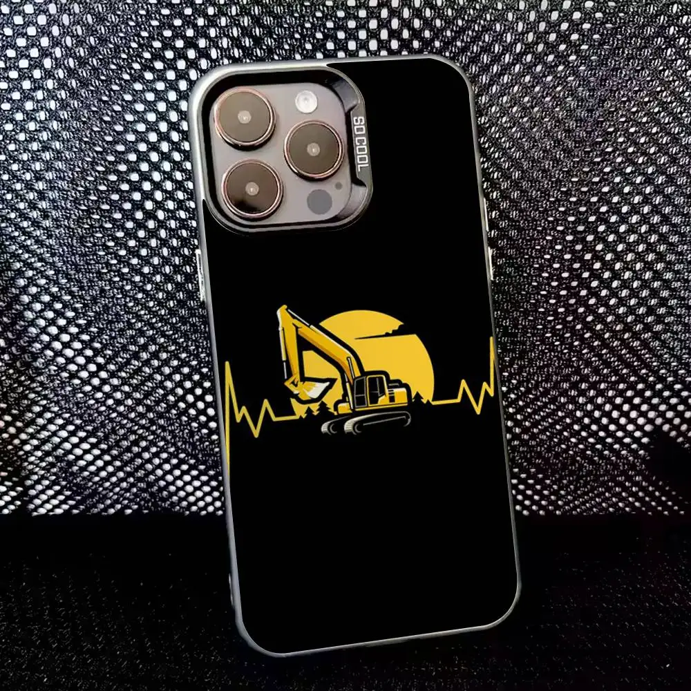 iPhone 16、15、14、13、12、11、8、7、Pro、Max、Plus、Mini、XS、SE用ショベルカー風スマホケース、耐衝撃、ブラックマットハード