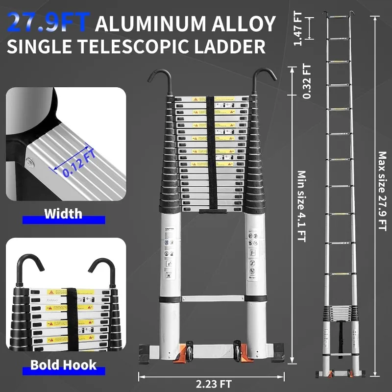 Telescoping Ladder,27.9 FT Extension Ladder,Aluminum Lightweight Telescopic Ladder with 2 Triangle Stabilizers, Telescopi