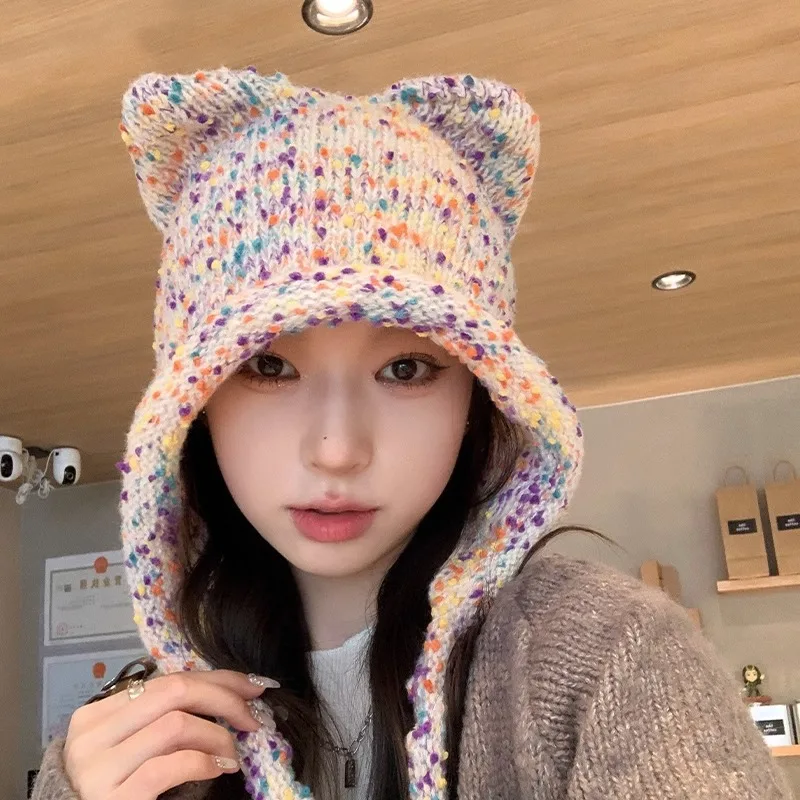 

Cute Cat Ear Knitted Hat Autumn And Winter Ear Protection Cap Windproof Hat Female Beanies Cap