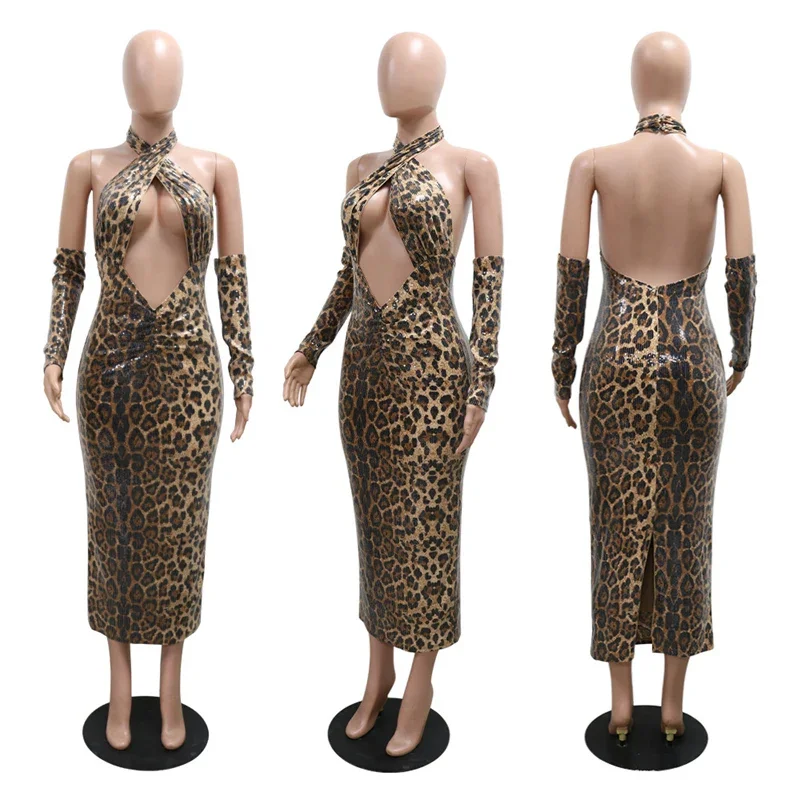 Sexy Leopard Print Sequins Celebrity Party Dress for Women Elegant Bandage Halter Cut Out Backless Club Split Bodycon Maxi Dress