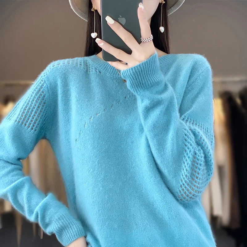 Women 100% Merino Wool Soft Sweater O-Neck Hollow Out Long Sleeve Pullover Female Autumn Winter Bottoming Jumper Knitwear Tops