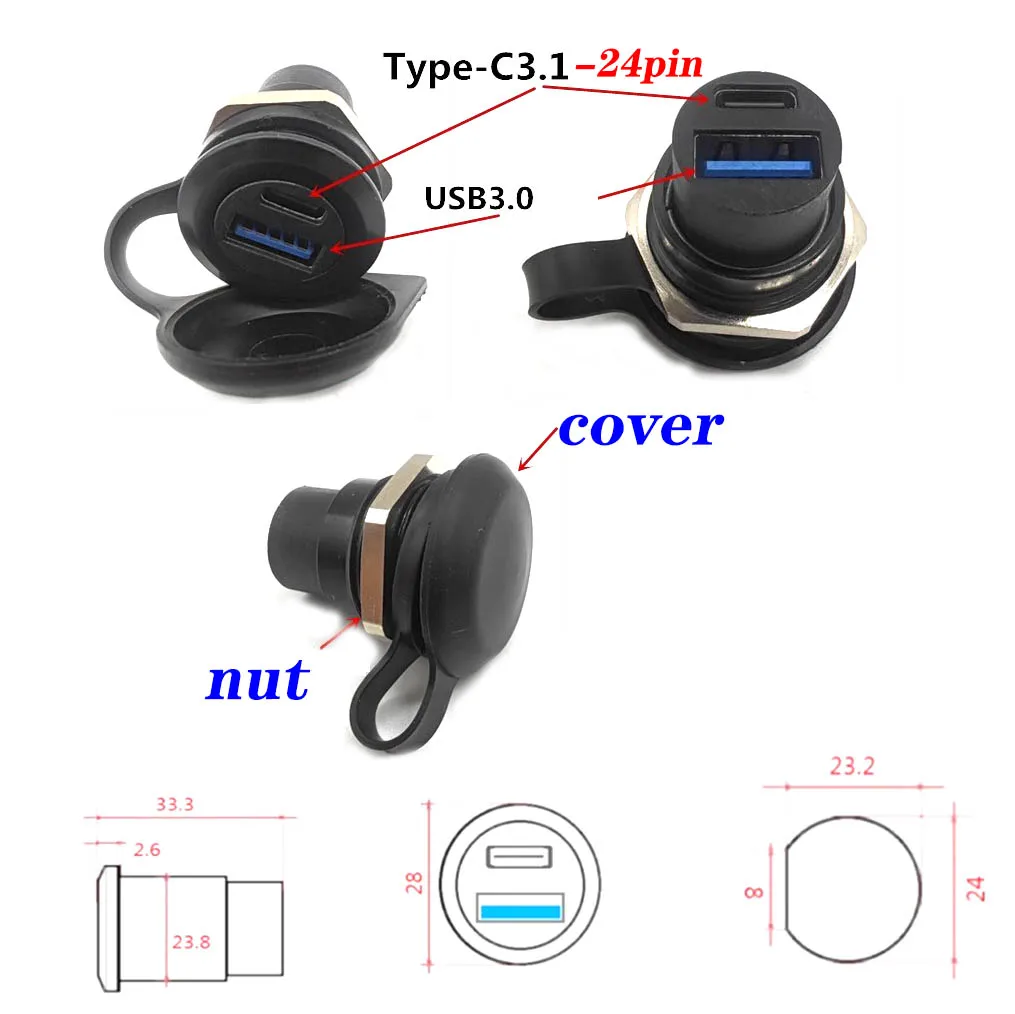 

2pcs D type USB TYPE-C M24 aperture Double Head mounting panel dust cover female socket data adapter USB2.0 3.0 connector