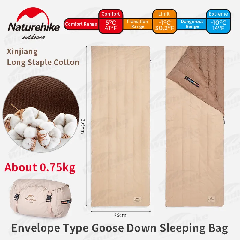 Naturehike CLOUD-5 Envelope Sleeping Bag Portable Ultralight 750g 90% Goose Down Quilt Keep Warm for Spring Autumn 750FP Cotton