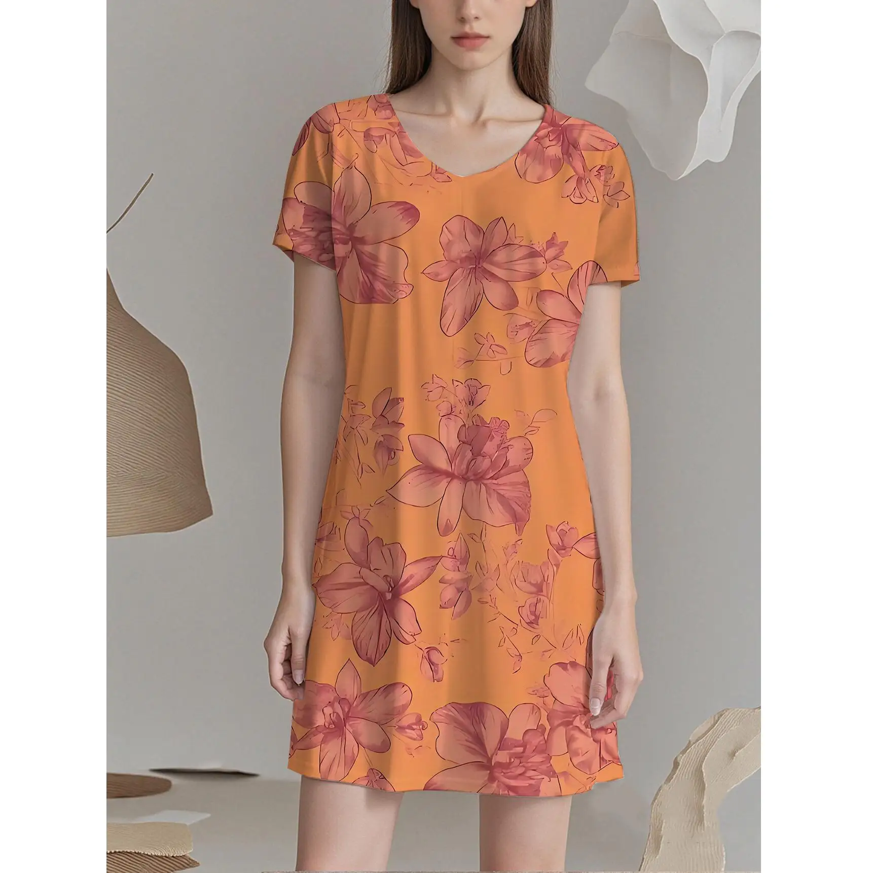 

Новое летнее женское платье с v-образным вырезом и короткими рукавами с цветочным узором, модное и индивидуальное, свободное и удобное.