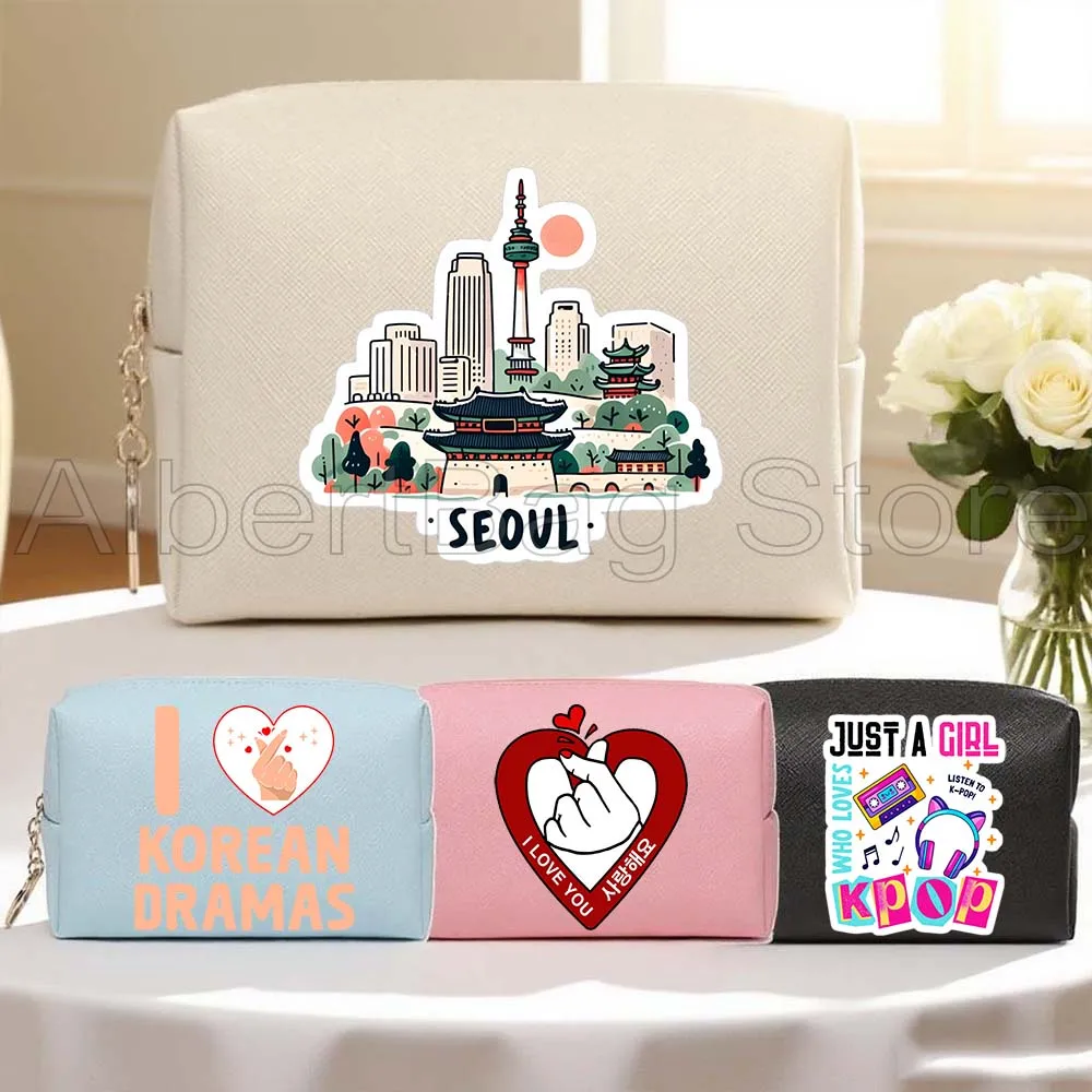 

Just A Girl Who Loves Kpop Music Finger Heart Asian Kpop Style PU Travel Cosmetic Bags Women Makeup Case Waterproof Storage Bag