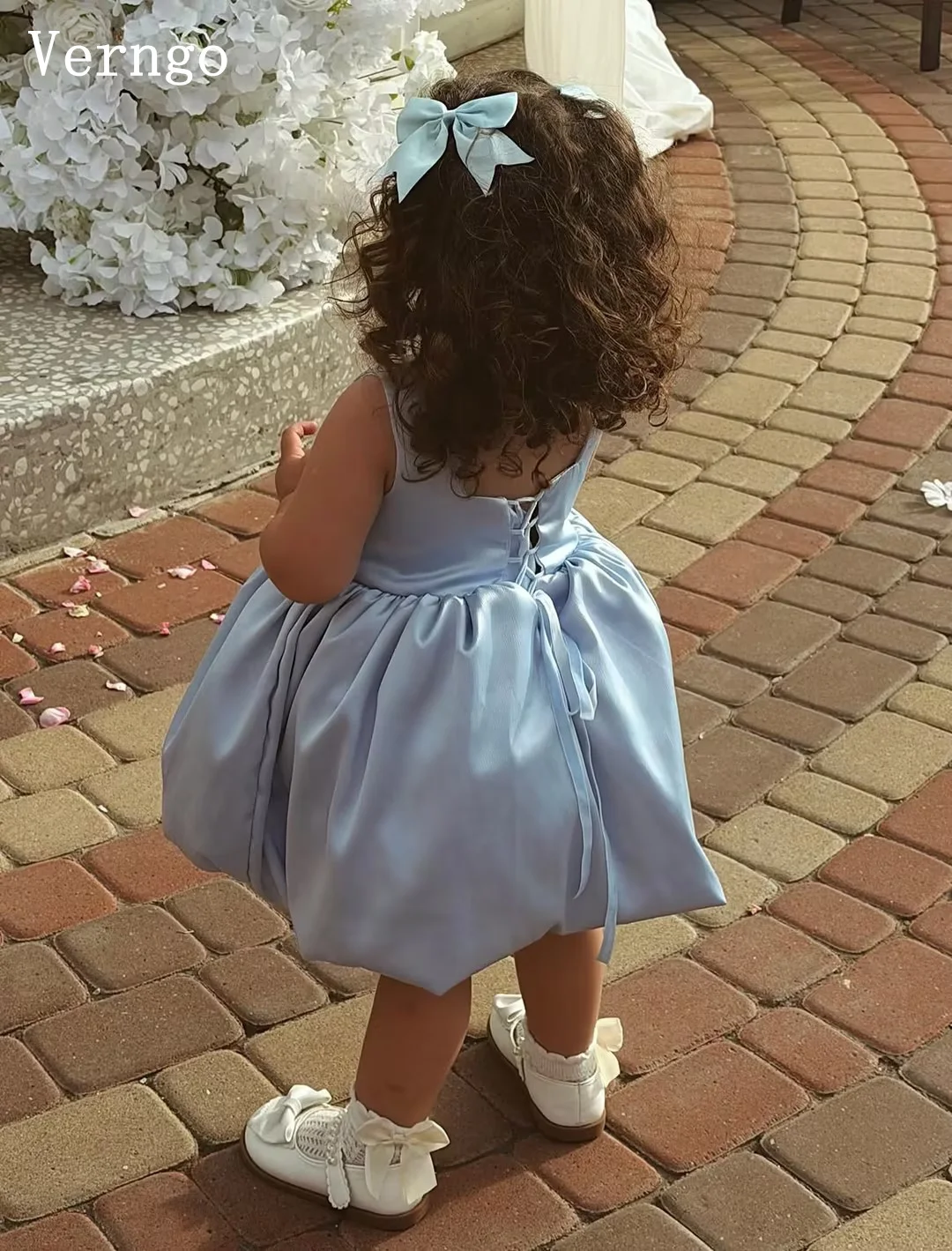 Verngo Sky Blue Satin Mini Girl Flowers Dress Pearls O Neck A Line Prom Kid Wedding Party Dress Ball Gown Kid Gown Customized