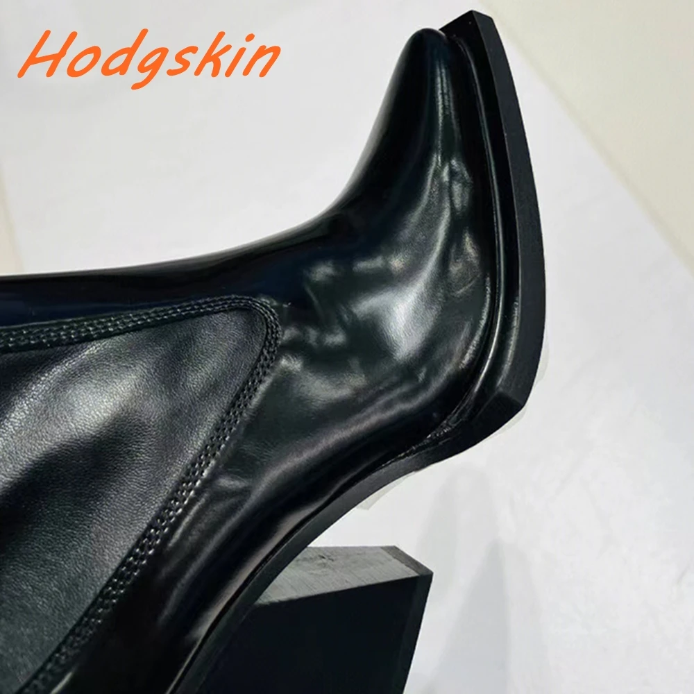 Soft Leather Women Boots Pointed Toe Solid Sewing Side Zipper Chunky Heels Shoes Runway Show Classic All-match Mid Calf Boots