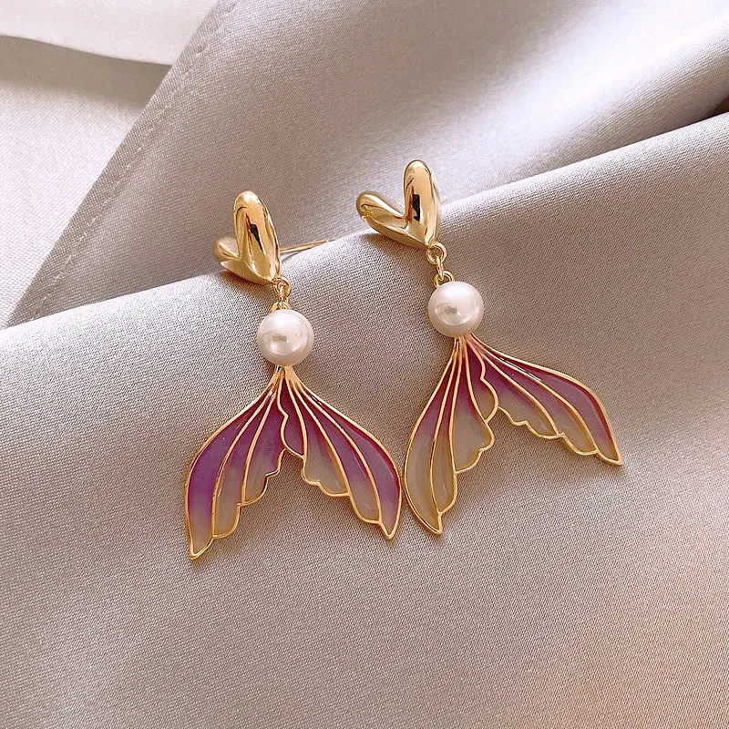 925 Silver Needle Korean Fashion Purple Fish Tail Drop Earrings For Women Jewelry 2026 Trending Women's Pearl Heart Earrings M3