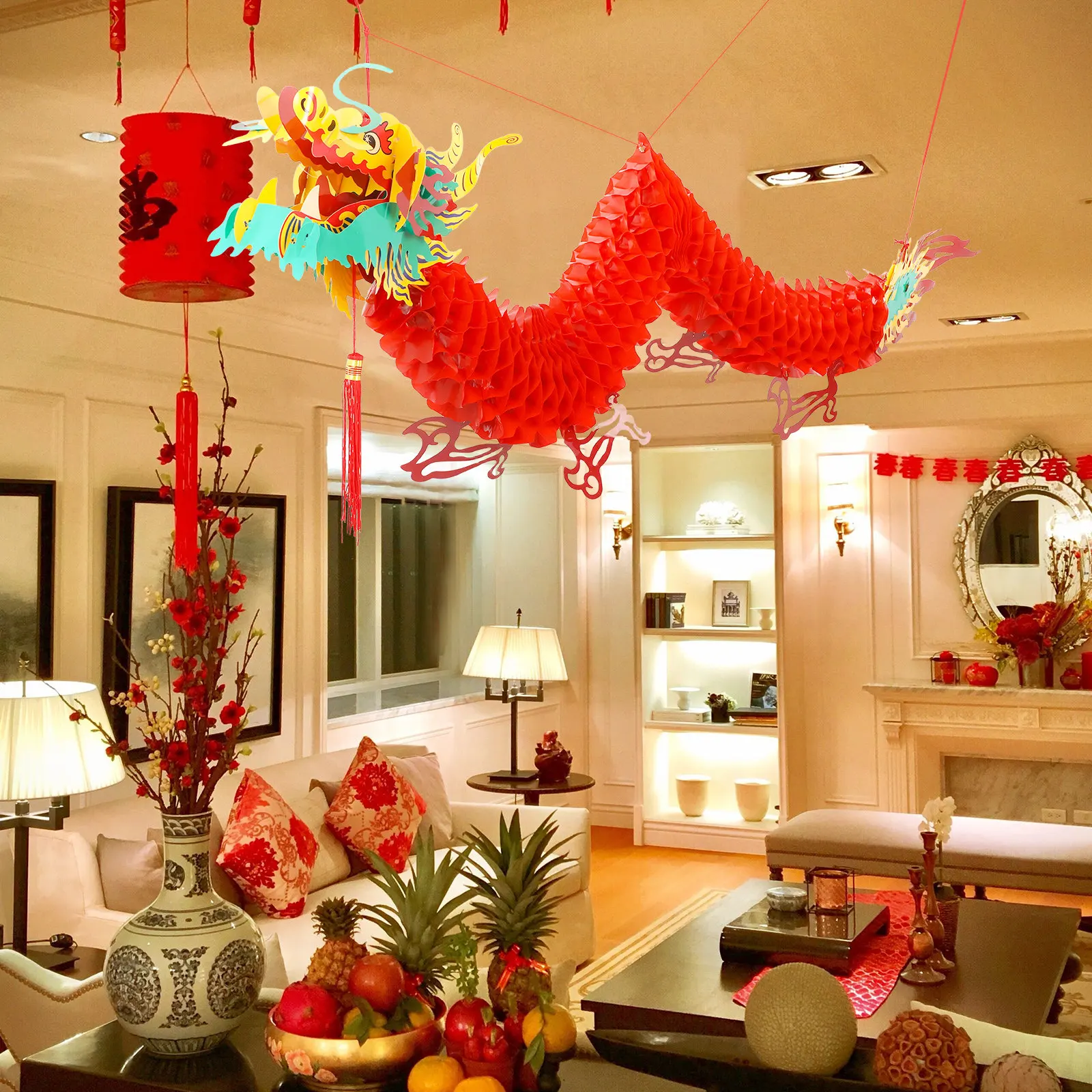 

Красный китайский фонарь-дракон 1,5 м, пластиковый подвесной декор для фестивалей, восточный фэн-шуй, талисман удачи, для потолка, стен, окон