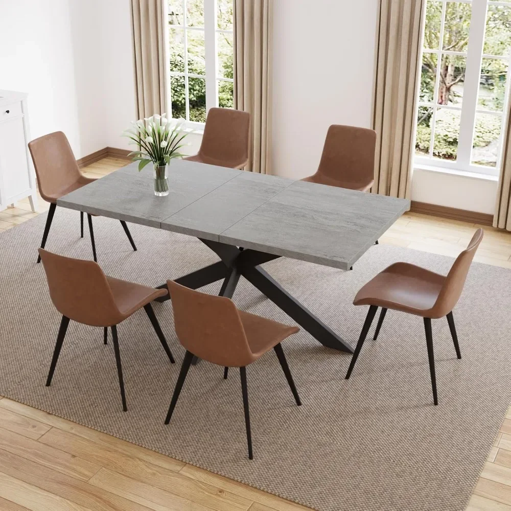 7 Piece Dining Table Set for 6, Modern Rectangular Wooden Dinings Table and Leather Dinings Chairs, Dining Room Set