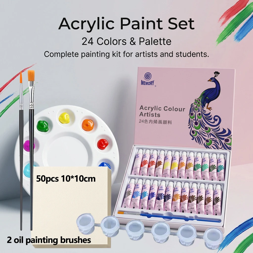 12/24 color 5ml acrylic painting paints + palette + paint box + 10 sheets of 10*10cm watercolor paper + 2 black oil brushes