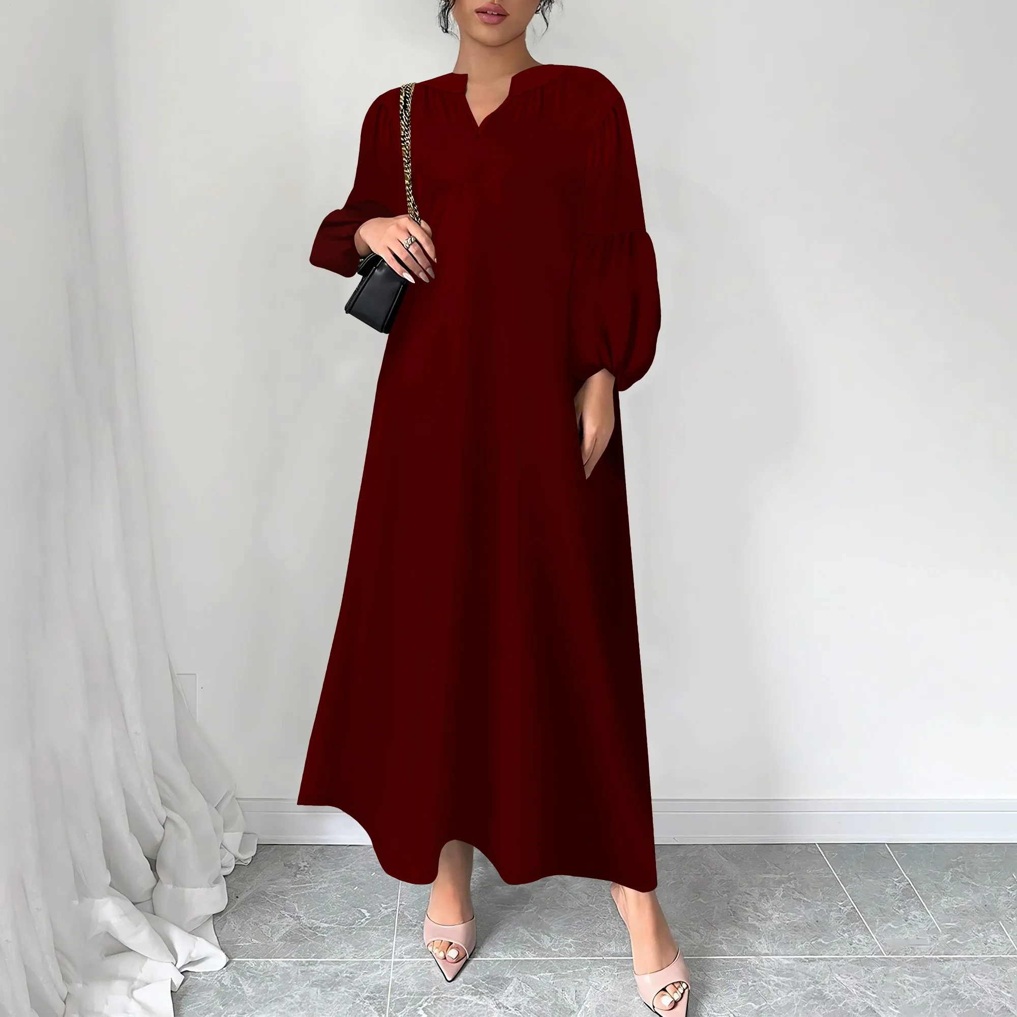 Shift ชุดเดรสสําหรับผู้หญิงคอวีแขนสั้นสีทึบชุดลําลอง Flowy ฤดูร้อน (XS-3XL)