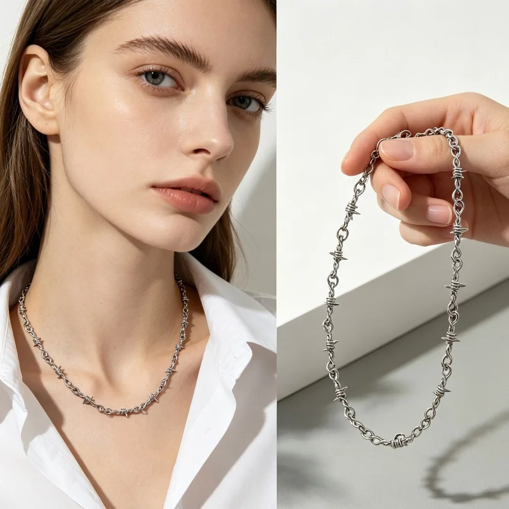Retro Thorn Necklace Bracelet Set Creative Barbed Collarbone Chain Jewelry for Men Women Daily Party Accessory Gift
