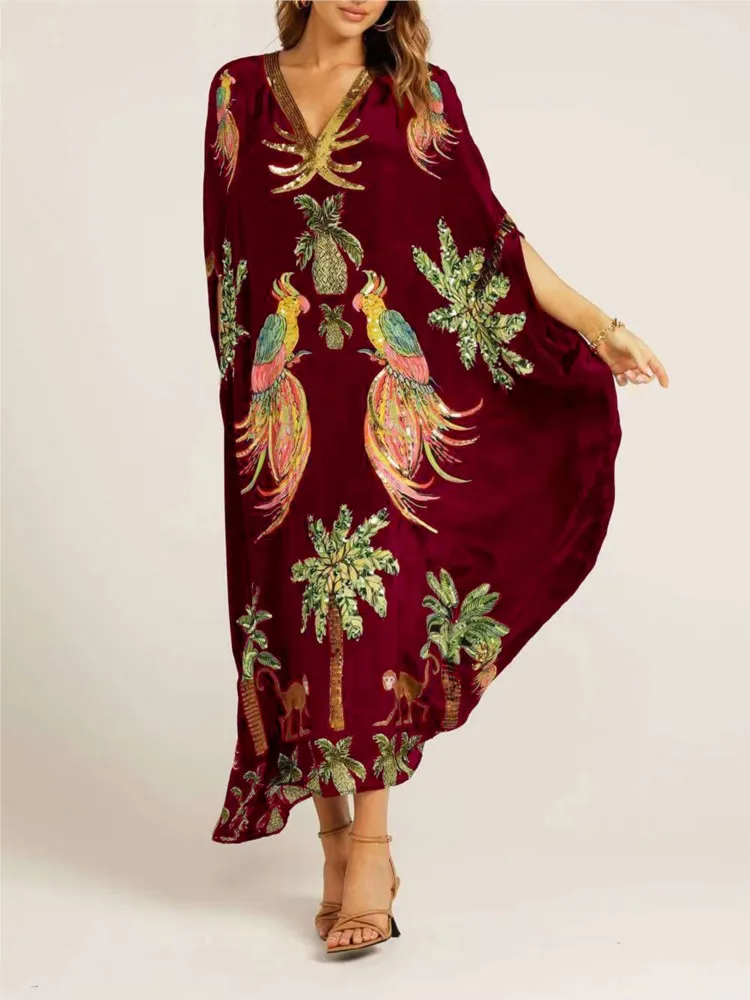 

Spring Summer Bohemian Animal Pattern Printed Maxi Dresses For Women Fashion Sexy V-neck Loose Elegance Retro Woman Dress