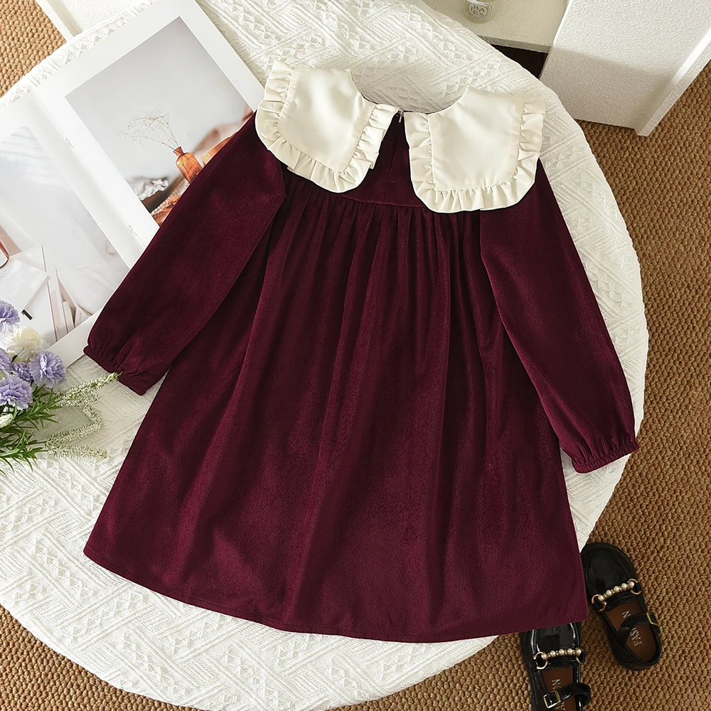 Spring and Autumn Wine Red Long Sleeve Girls Dresses Birthday Party Children's Clothing Embroidered Flower Collar Princess Dress
