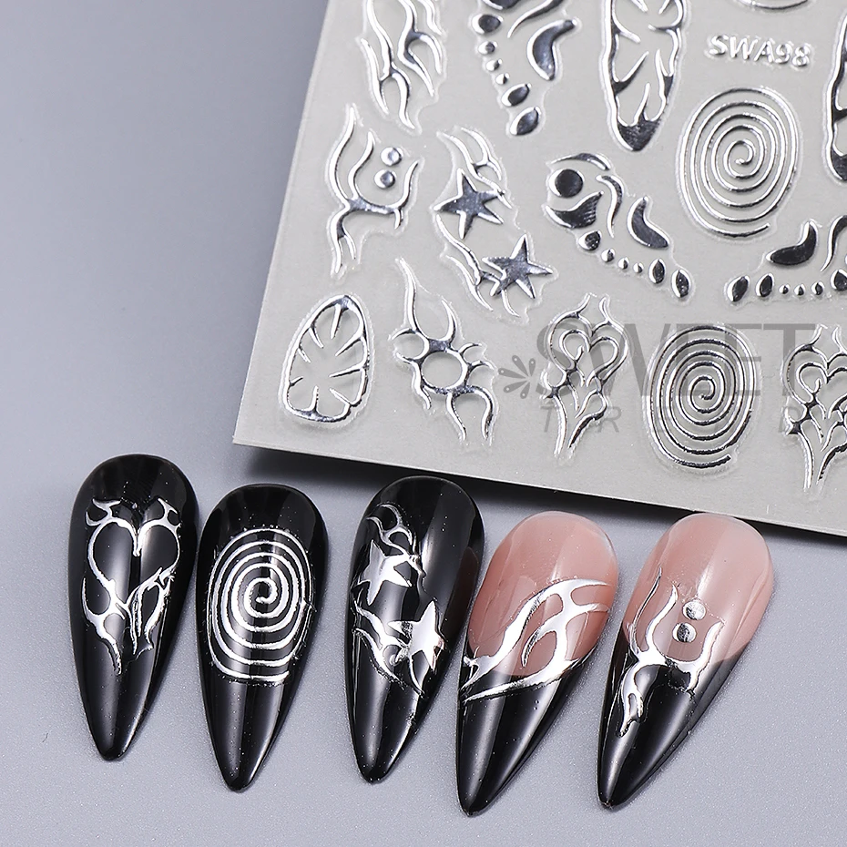 2枚入り メタリックシルバーライン ネイルアートステッカー 3D炎ライン リボン スワール スター Y2K タットン スライダー デカール DIY ホログラフィック マニキュア デコレーション