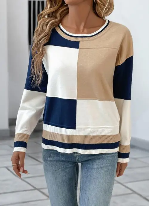 

Women's Sweater 2025 Spring Autumn New Block Color Contrasting Casual Round Neck Long Sleeve Loose Pullover Knitted Sweater