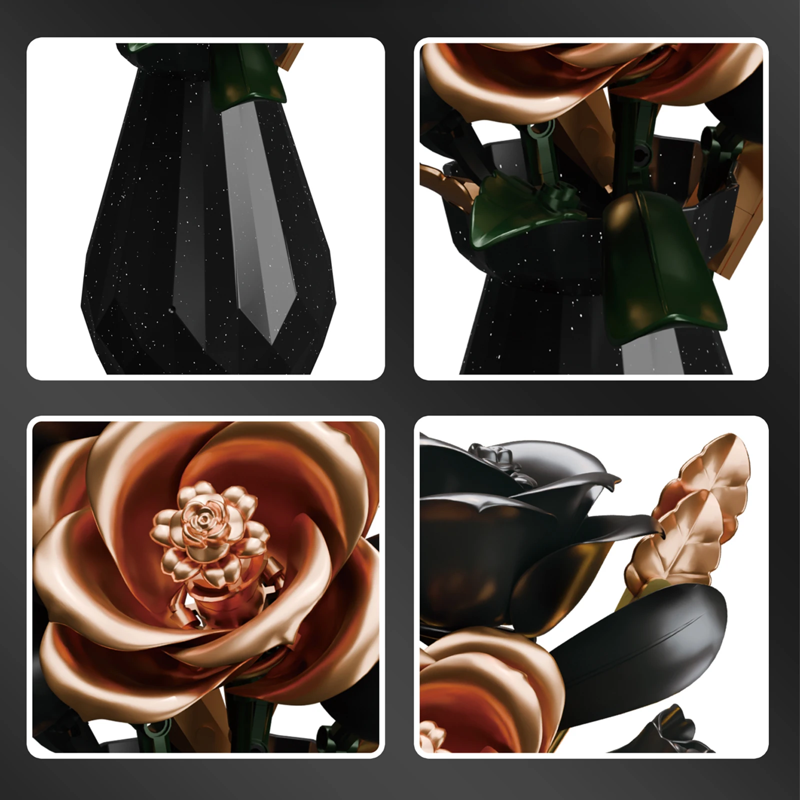 

3031 255pcs Black Gold Rose with Vase Artificial Potted Plant Bouquet Ornament Mini Building Blocks DIY Creative Gift for Adults