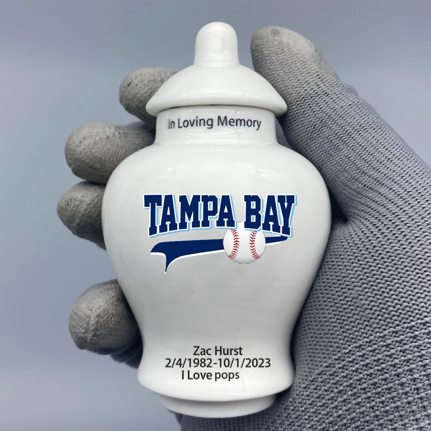 Mini Urn for Tampa Bay Rays-Baseball themed.Please send me the customization information - name/date and number on the urn