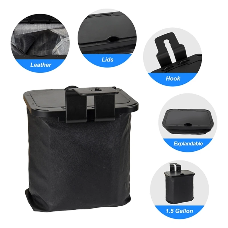 Garbage Bin with Hook Lid Collapsible Leather Waste Basket 1.5 Gallon Dropship