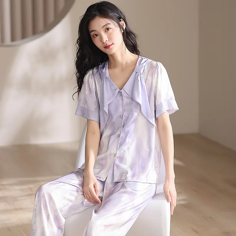 Summer Women's Printed Pajama Set Ice Silk Light Purple Ruffled Collar Button Short Sleeve Nightwear Niche Models Night-clothes