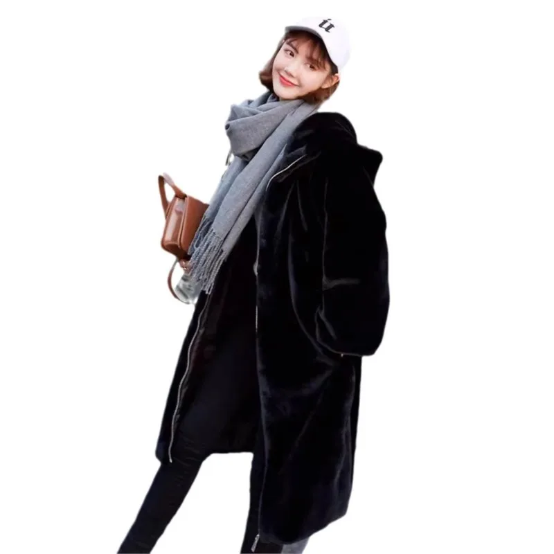 معطف أسود من الفرو الصناعي معطف مختلط وغطاء رأس طويل مخملي #5