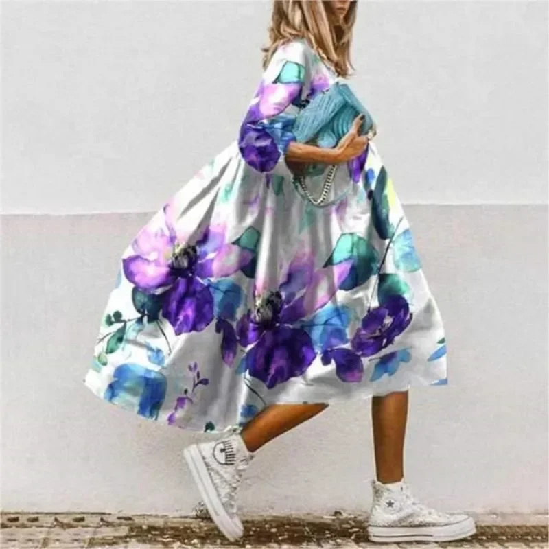 Fashion Floral Print Boho Oversize Loose A-line Dress For Women Summer Casual Three Quarter Sleeves Holiday Midi Dresses Female