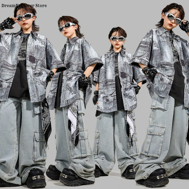 Boys Hip Hop Street Dance Distress Shirt Loose Cargo Jeans Girls Denim Pants Kids Streetwear Child K-pop Jazz Retro Clothes Set