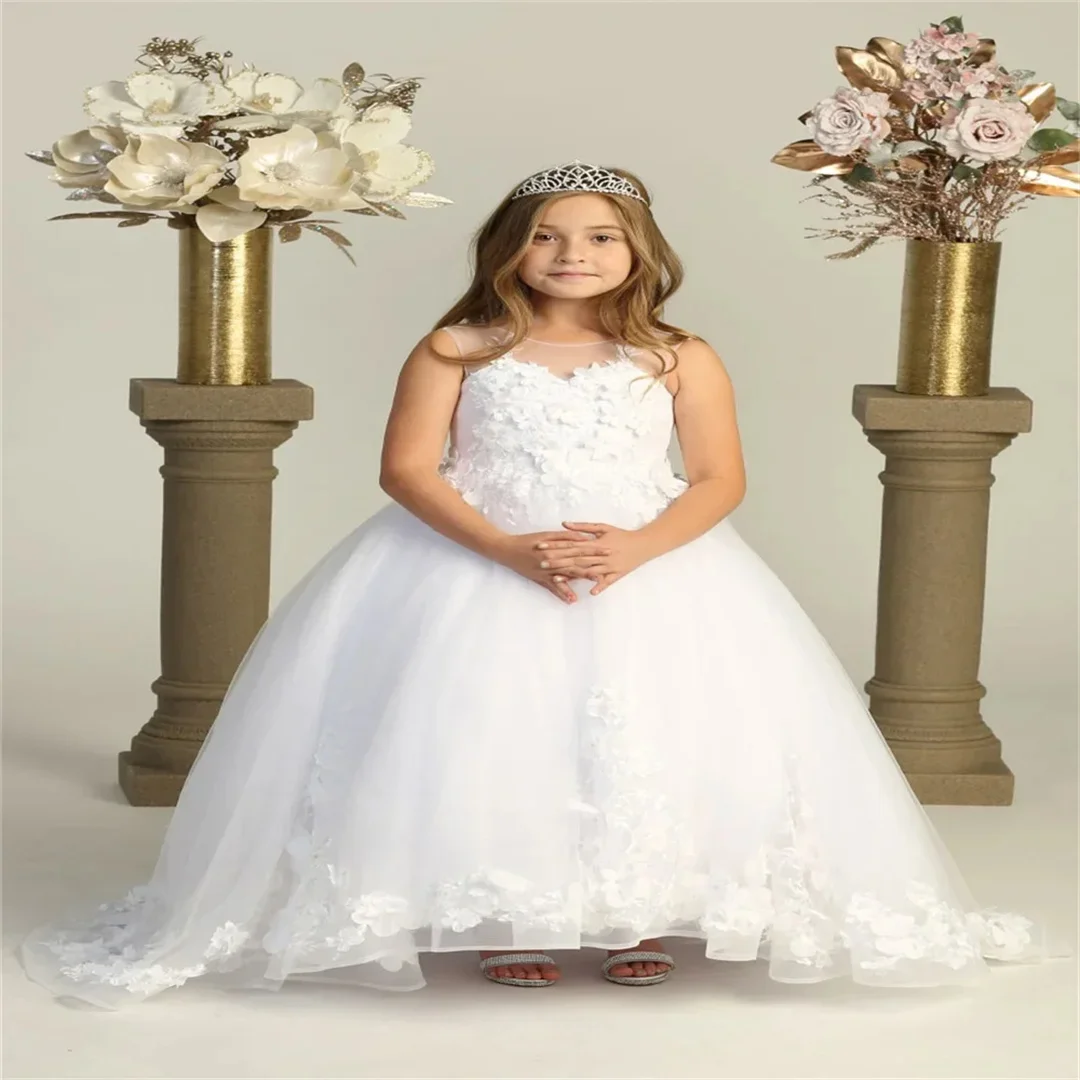 Customized White Elegant Trailing Flower Girl Dress Lace Appliqué Fluffy Celebration Party First Communion Formal Dress Event