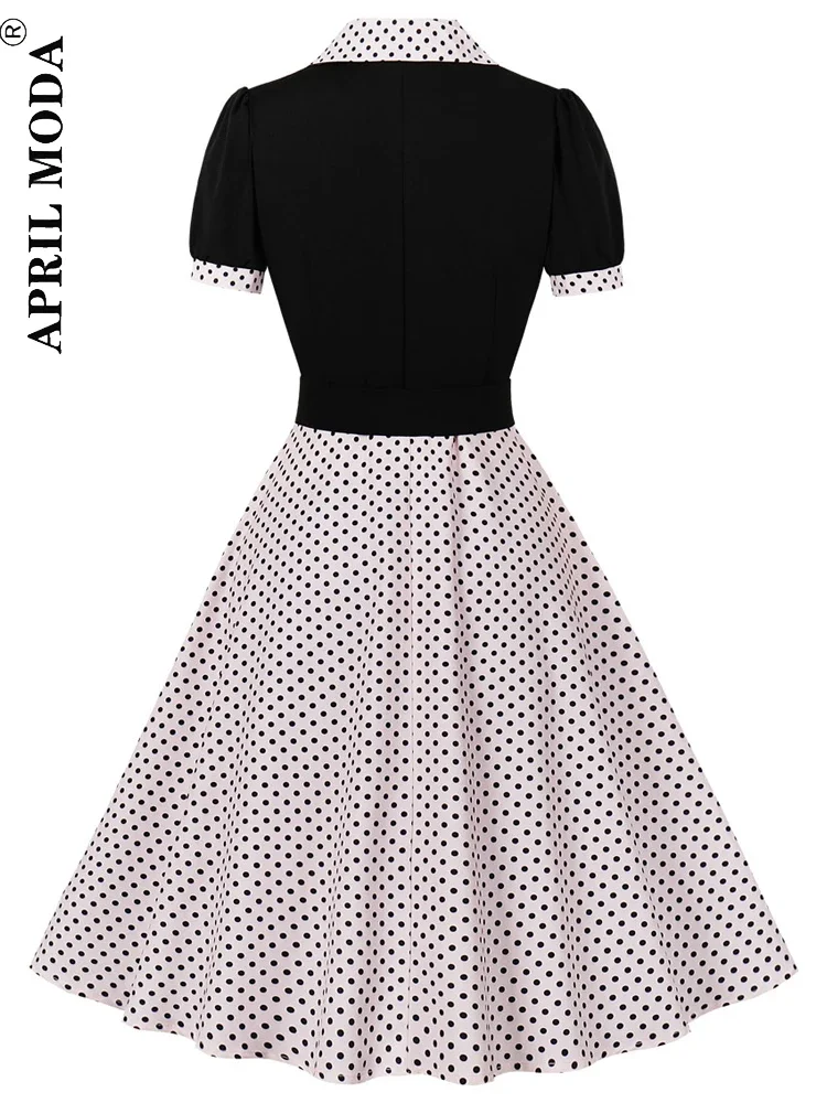 Fashion Summer Short Vintage Casual Women's Dress Elegant Polka Dot Print Patchwork Turn Down Collar Retro 1950s Style Dresses U