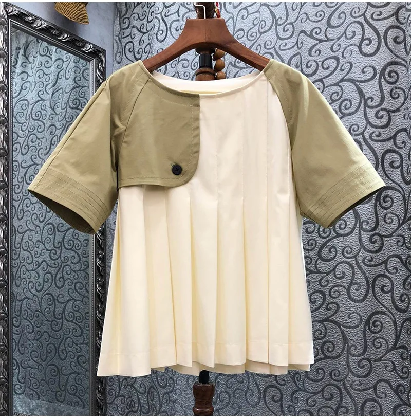 

2023 Trendy INS Hong Kong wind design hundred fold splicing against color short-sleeved top to show thin flesh-shielding shirt