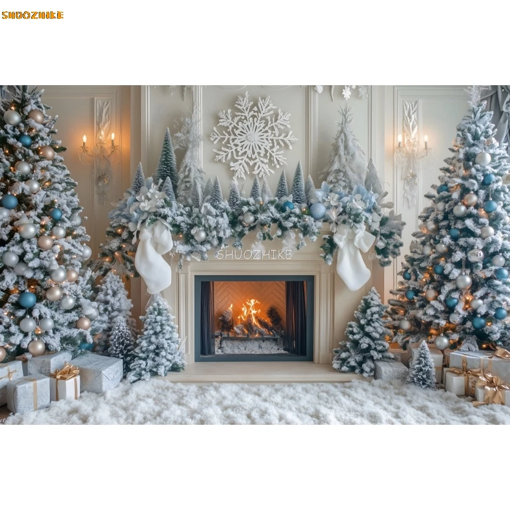 White Christmas Fireplace Background Photography Winter Wood Window Xmas Tree Gift Portrait Backdrop Party Decor Photo Studio