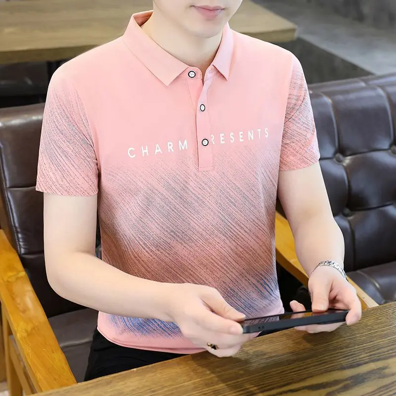 

Summer Men's Turn-Down Collar Polo Shirt Short Sleeve Stylish Youth Slim Fit Light Printed T-Shirt Versatile Casual Top