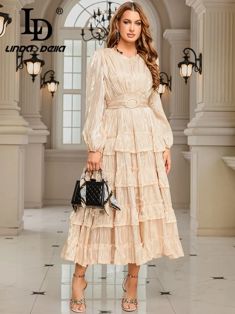 

LD LINDA DELLA Princess Party Dress Spring/Summer Women's Retro Round Neck Bubble Sleeves Solid Color Layered Cake Dress