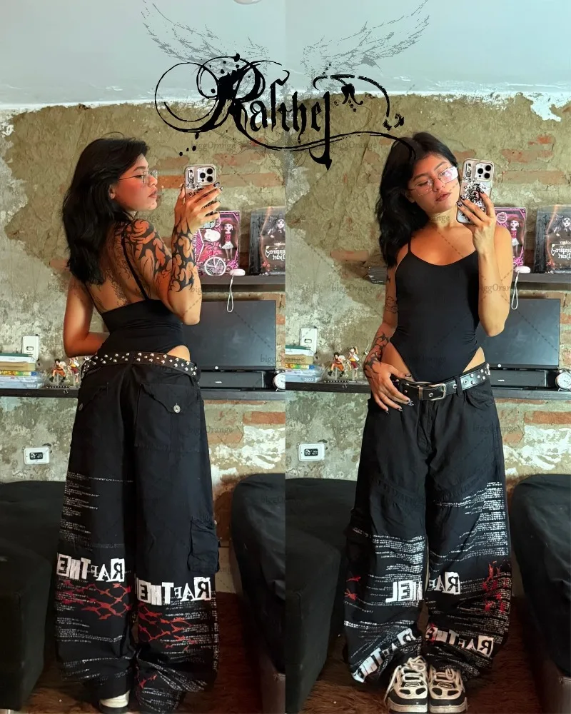 جينز هاراجوكو فضفاض مغسول عالي الخصر مطبوع عليه حروف ملابس هيب هوب ملابس الشارع الشهير للسيدات Y2K موضة روك عتيقة فضفاضة بأرجل واسعة #2