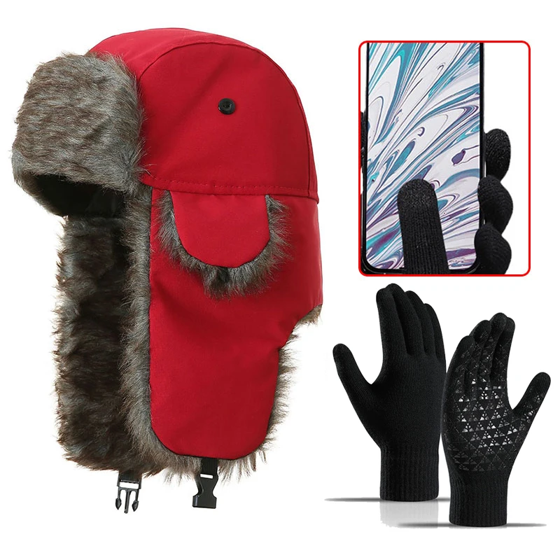 مجموعة قبعة Trapper Hunter وقفازات تعمل باللمس، معدات خارجية للشتاء الدافئ للرجال والنساء