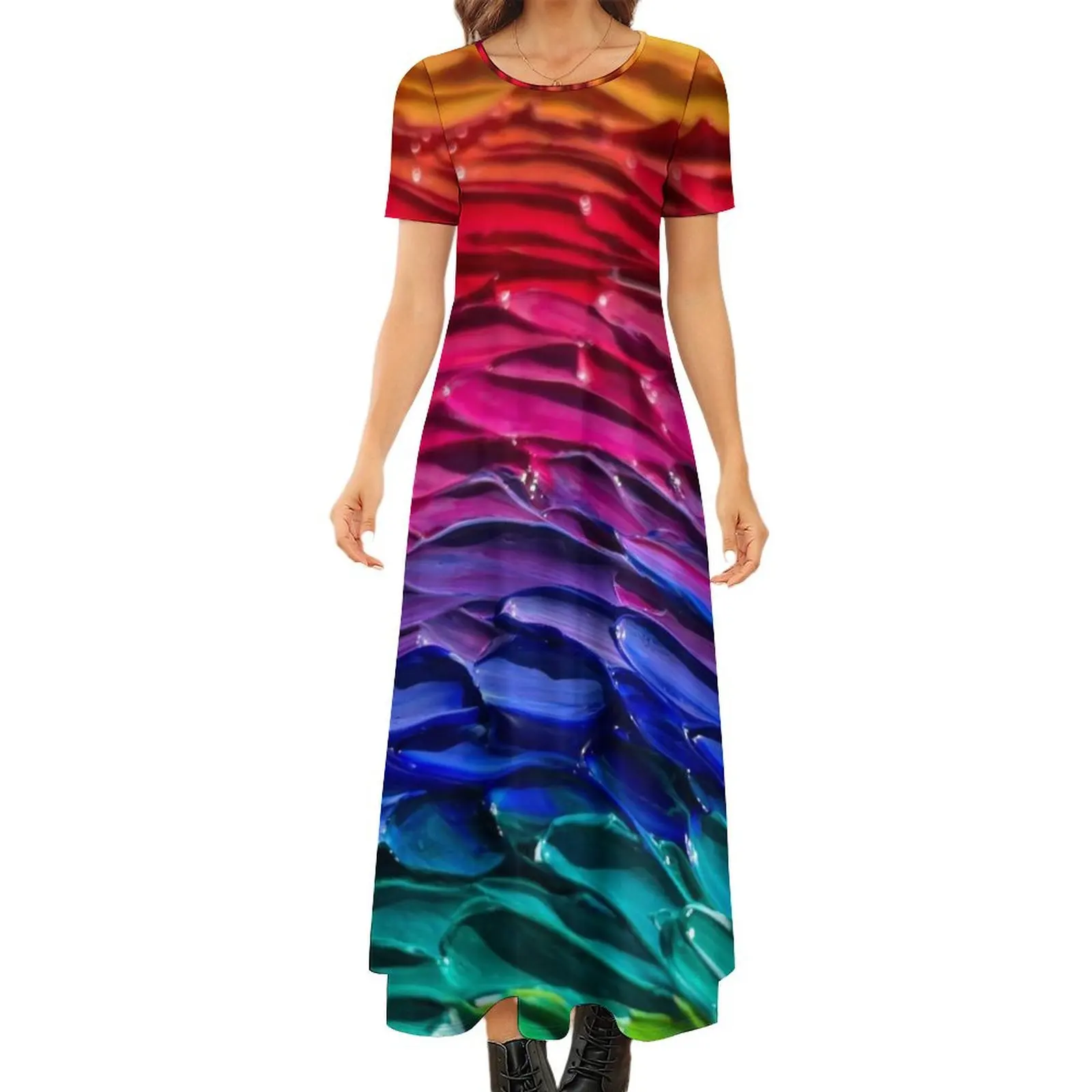 

Waves of Color Round Neck Short Sleeve Dress dresses for woman Women"s summer long dress