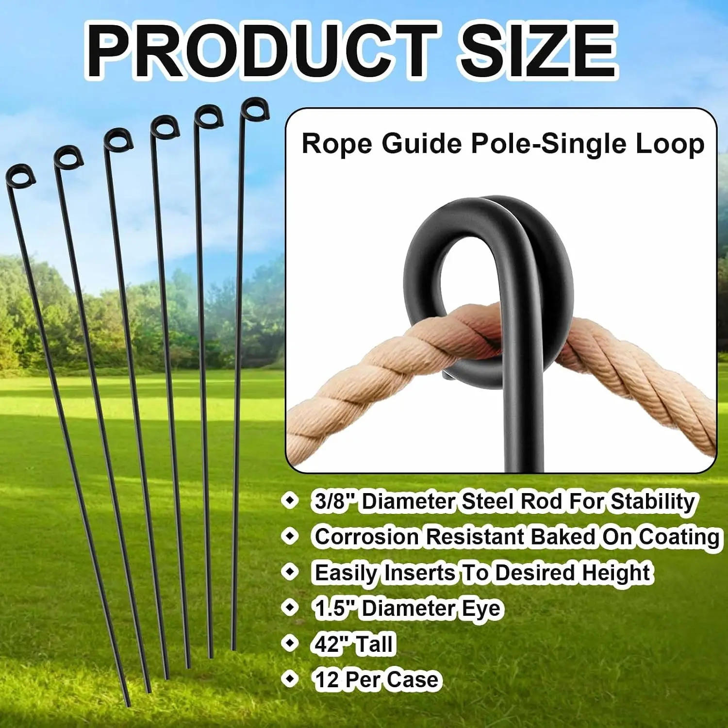 12 Pcs 42 Inches/3.5 ft Single Rope Poles/Stakes with Loop