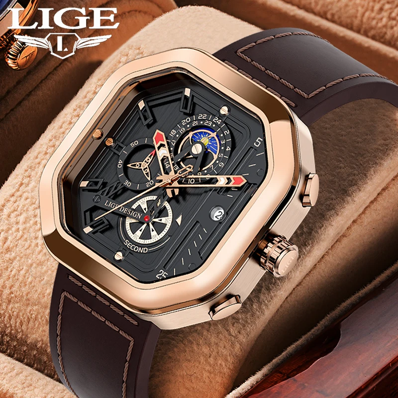 

LIGE Luxury Mens Watch Square Sports Quartz Wristwatch 30M Waterproof Chronograph Hollow out Watch for Men Relogio Masculino+Box