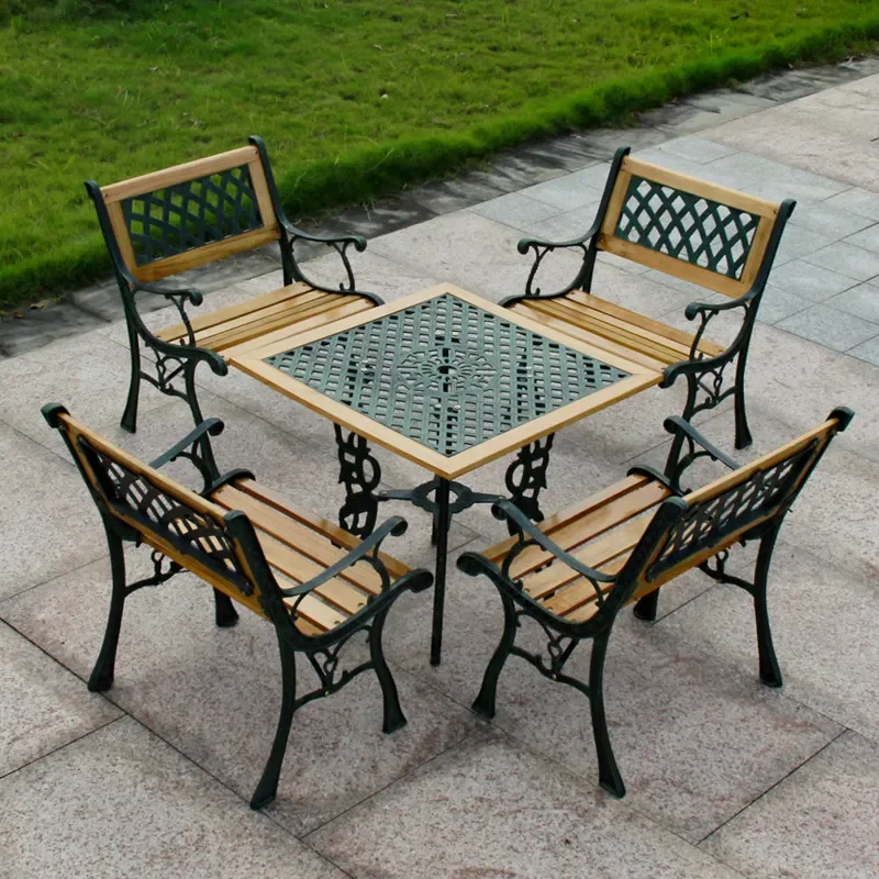 for Park Chair Outdoor Bench Stool Wrought Iron Anti-corrosion Solid Wood Table and Chair Combination Five-piece Set Square