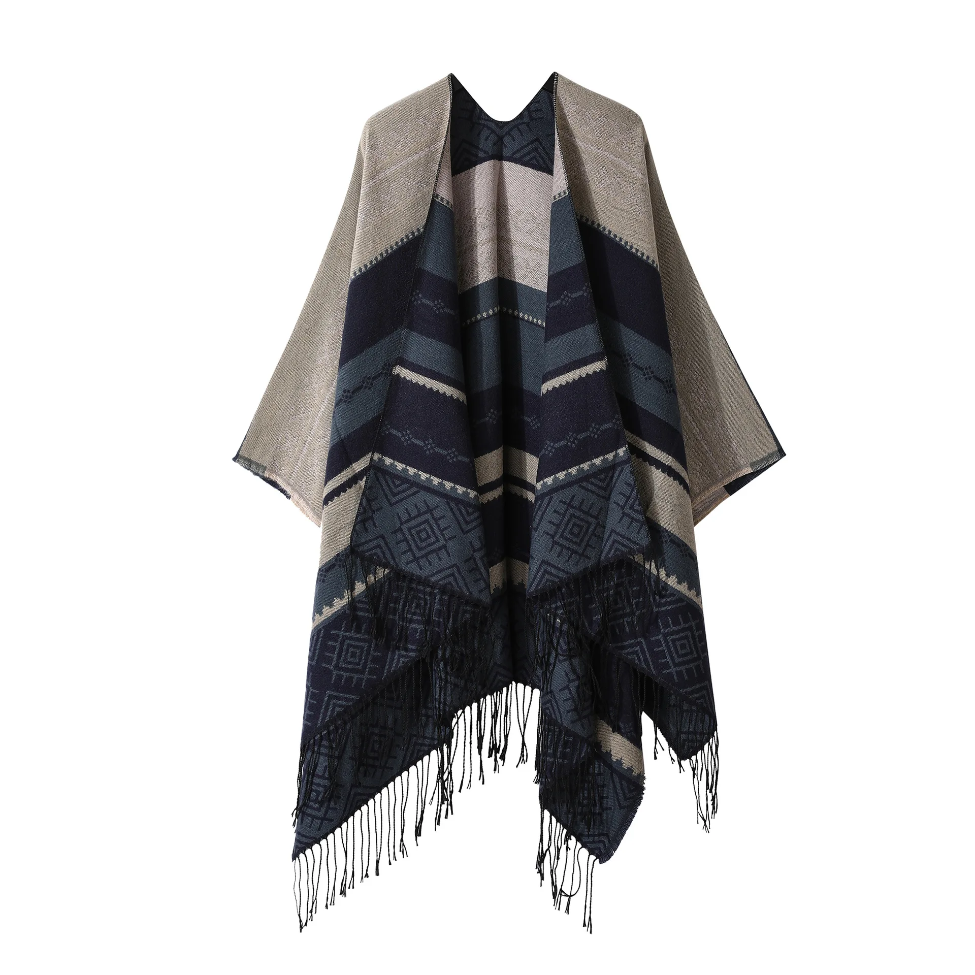 Poncho Bohemian Geometric Tassel Split Shawl Cape Travel Scarf Double-sided Cloak Imitation Cashmere Women Coat Black