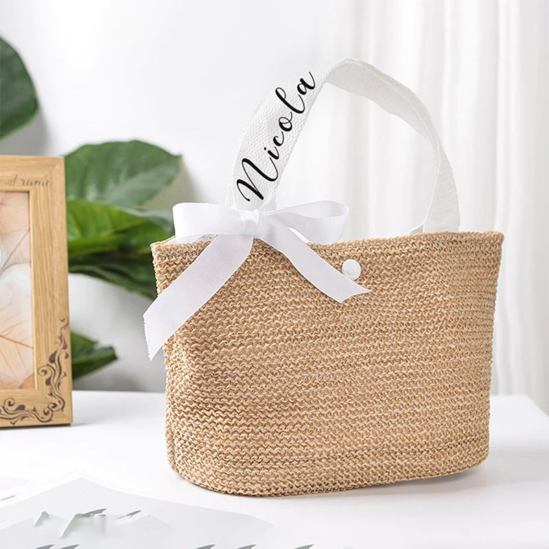 Personalized Bridesmaids Mini Straw Totes Bag Jute Beach Bachelorette Party Favors Gifts with Name Summer Hand Women's Handbag