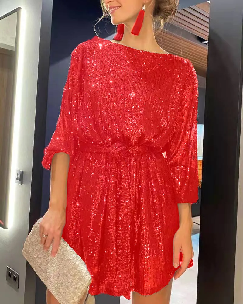 Sparkly Puff Long Sleeve Party Dress with Belt for Women Glitter Beaded Mini Dress Loose Wedding Bridesmaid Ladies Short Dresses