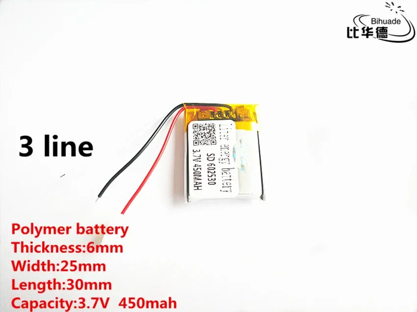 10 ชิ้น/ล็อต 3 สายคุณภาพดี 3.7 V,450 mAH, 602530   แบตเตอรี่ลิเธียมไอออนโพลีเมอร์ / Li-Ion สําหรับของเล่น, POWER BANK, GPS, mp3, mp4