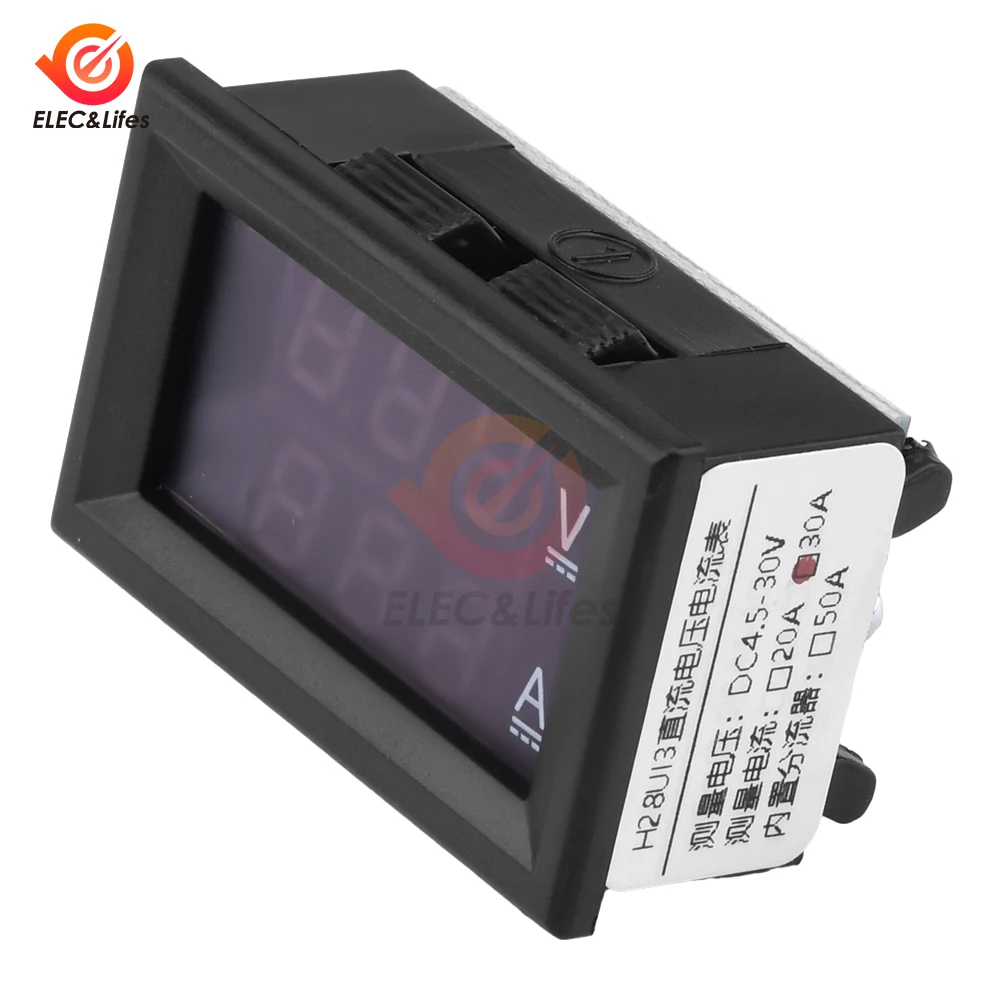 0,28 "doppio display LED digitale voltmetro amperometro mini DC 4,5-30V 30A 50A tensione rilevatore di corrente tester incorporato Shunt