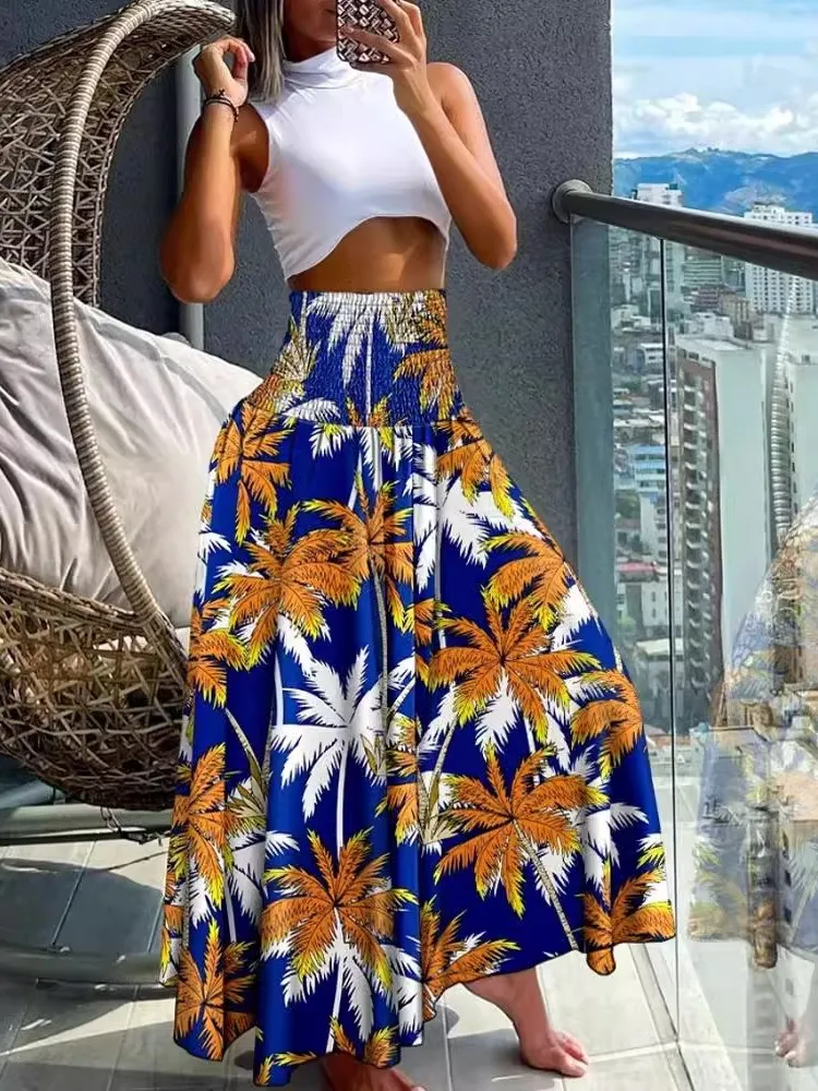 Spring Vintage Printed Long Skirt 2024 Women Boho Beach Skirt Summer New Elastic High Waist A-line Big Hem Vacation Skirts