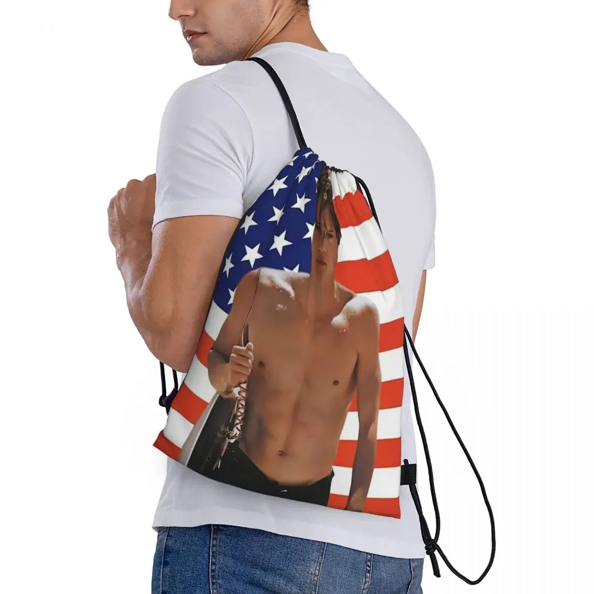 Custom JJ M-Maybank American Flag Drawstring Backpack Bags Lightweight TV Series Outer Banks Gym Sackpack Sacks for Shopping