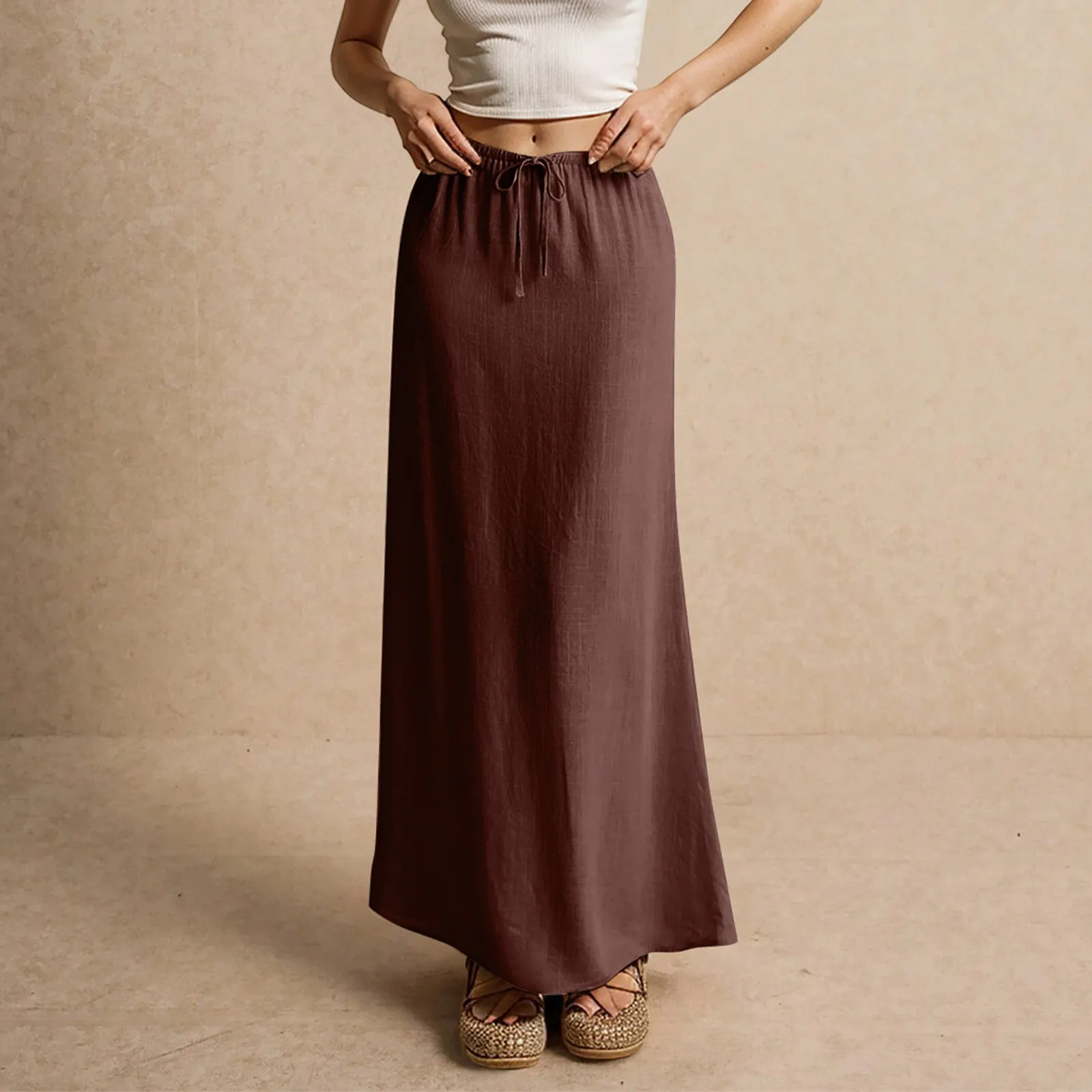 Women's Basic Versatile Drawstring Low Waist A Line Casual Skirts Sexy Tight Solid Color Bodycon Long Maxi Skirts
