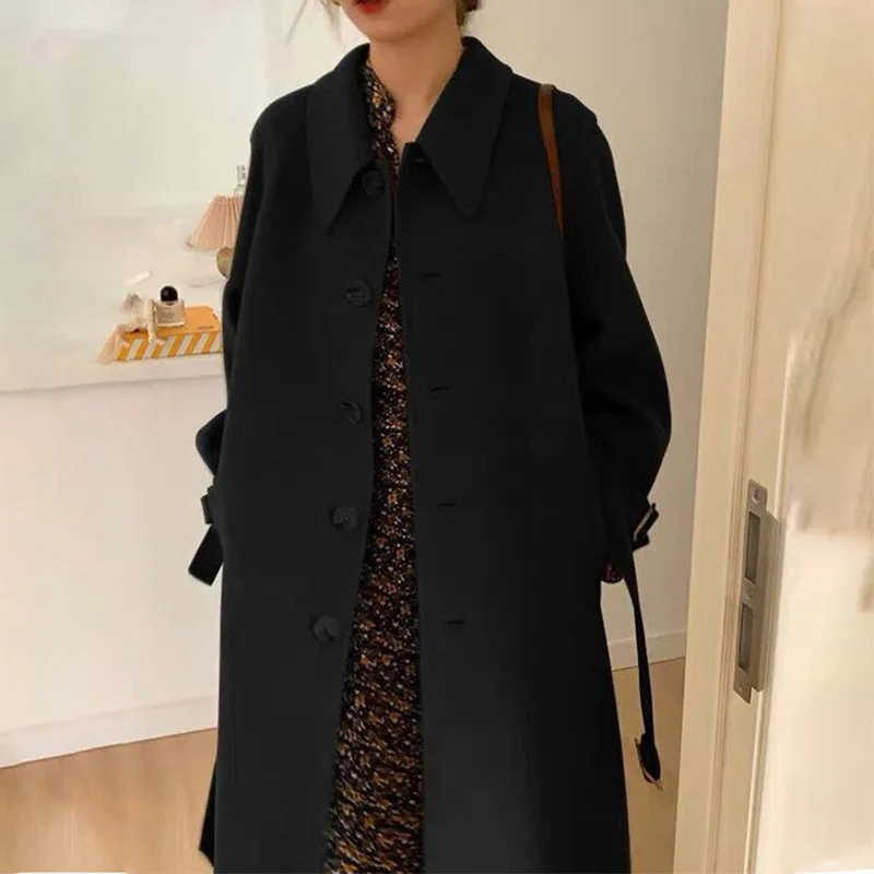 Coat women's 2023 autumn and winter new knee double-sided coat coat medium and long knee Korean version black hair