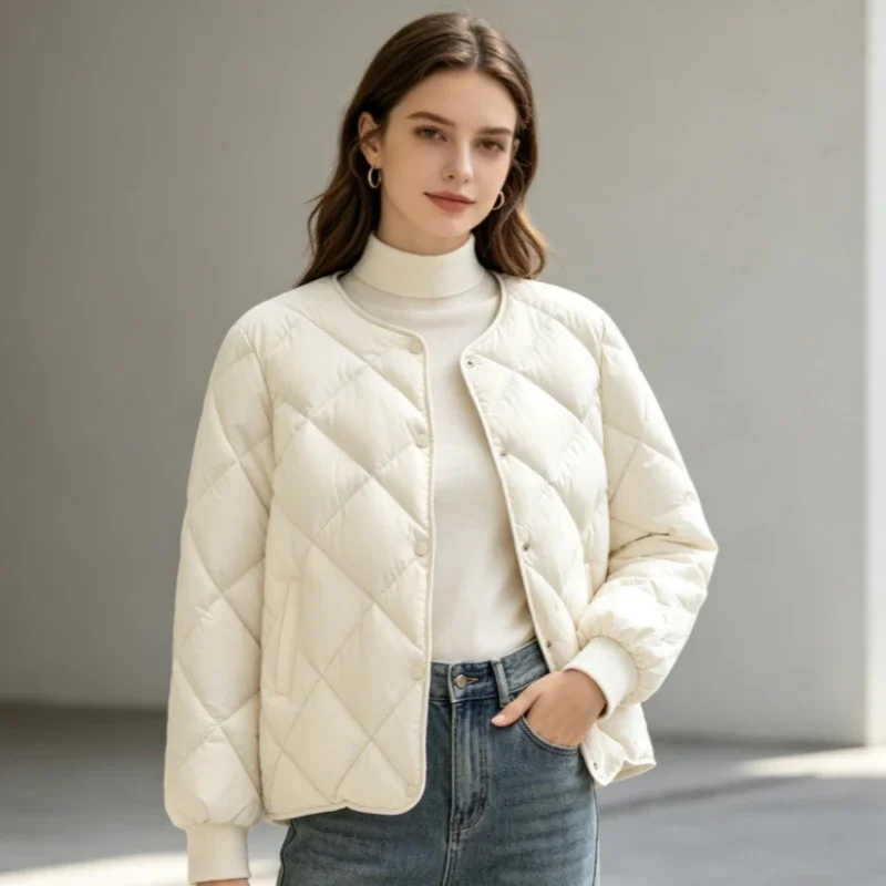 New Autumn Winter Lightweight Casual Long Sleeve Diamond Pattern Thin All-Match Leisure Coat Women's Short Cotton Jacket